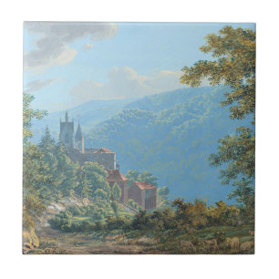 A Fortress in a Mountain Landscape at Sunrise Tile