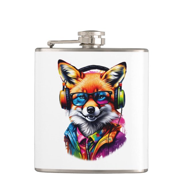 A fox in headphones and glasses hip flask (Front)