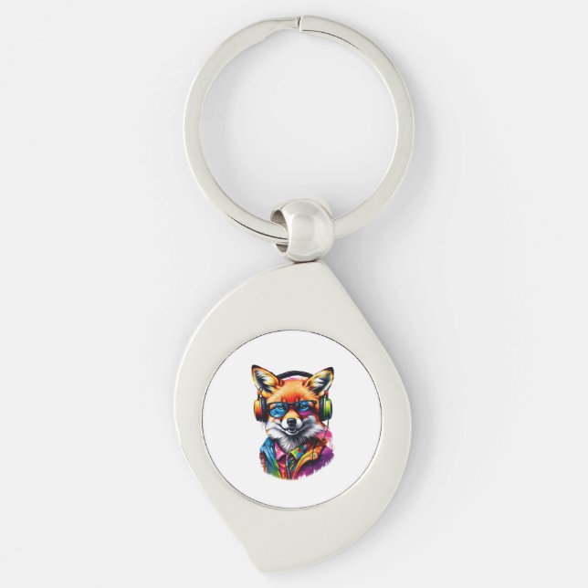A fox in headphones and glasses key ring (Front)