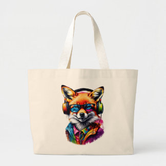 A fox in headphones and glasses large tote bag