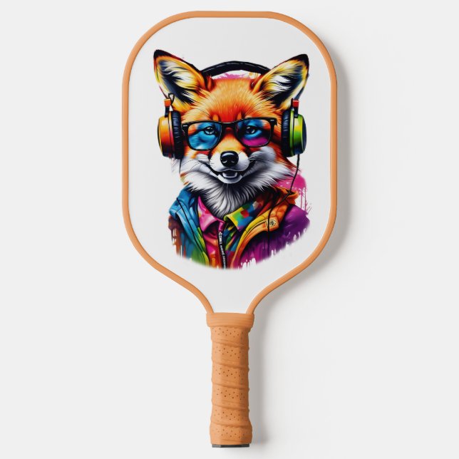 A fox in headphones and glasses pickleball paddle (Front)