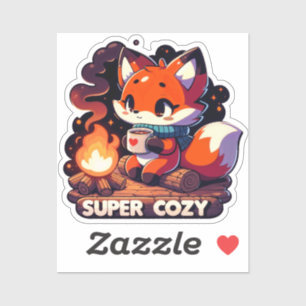 A fox sitting on a log with a cup of coffee