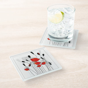A Frame of Red Poppies Glass Coaster