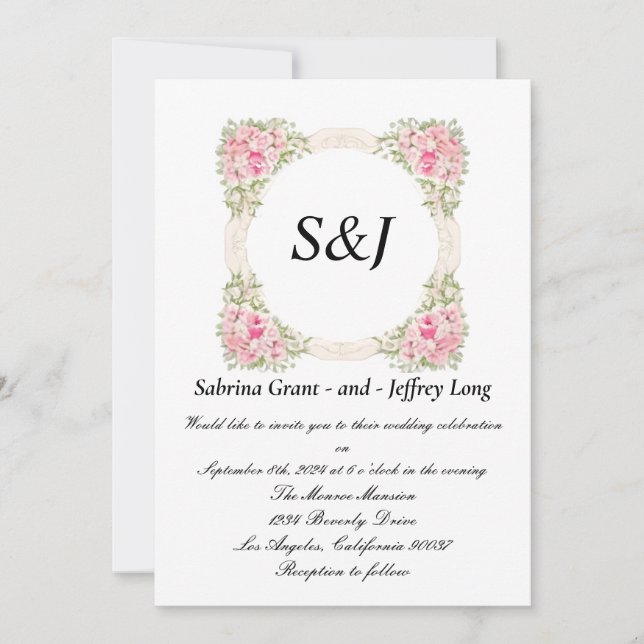 A Frame with Pink Flowers Monogram Wedding Invitation (Front)