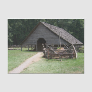 A-Frame Wood and Stone Barn with Large Wagon Tissue Paper