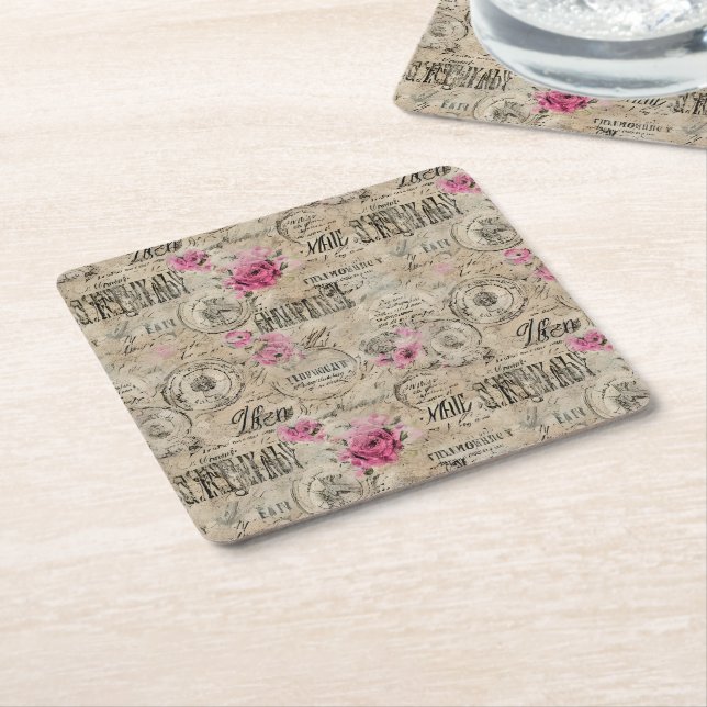 A French Ephemera Design Series 24 Square Paper Coaster (Angled)