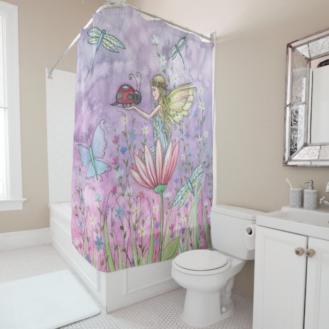 A Friendly Encounter Fairy Ladybug Art Shower Curtain (In Situ)