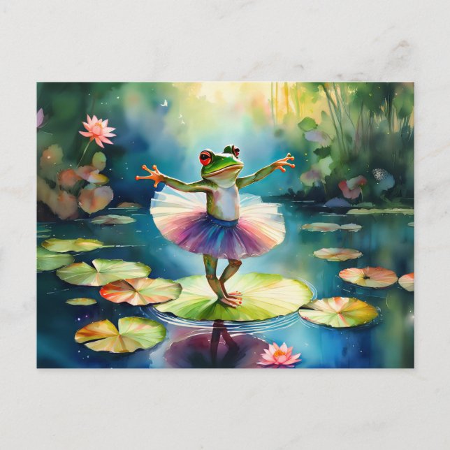 A frog ballerina dancing on a lotus leaf in a pond holiday postcard (Front)