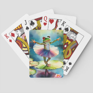 A frog ballerina dancing on a lotus leaf in a pond playing cards