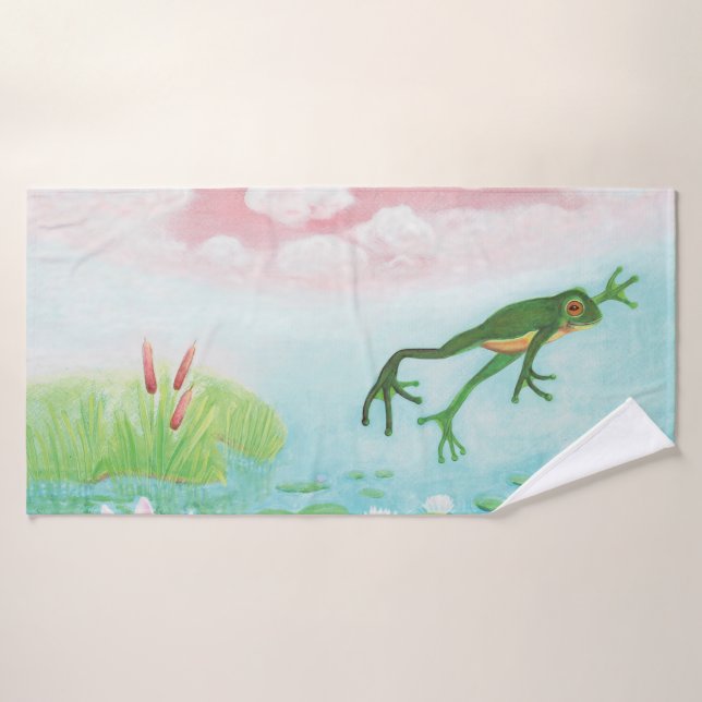 A Frog Jumps Into The Pond Illustration Bath Towel (Bath Towel)
