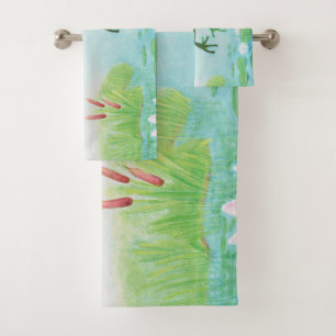 A Frog Jumps Into The Pond Illustration  Bath Towel Set