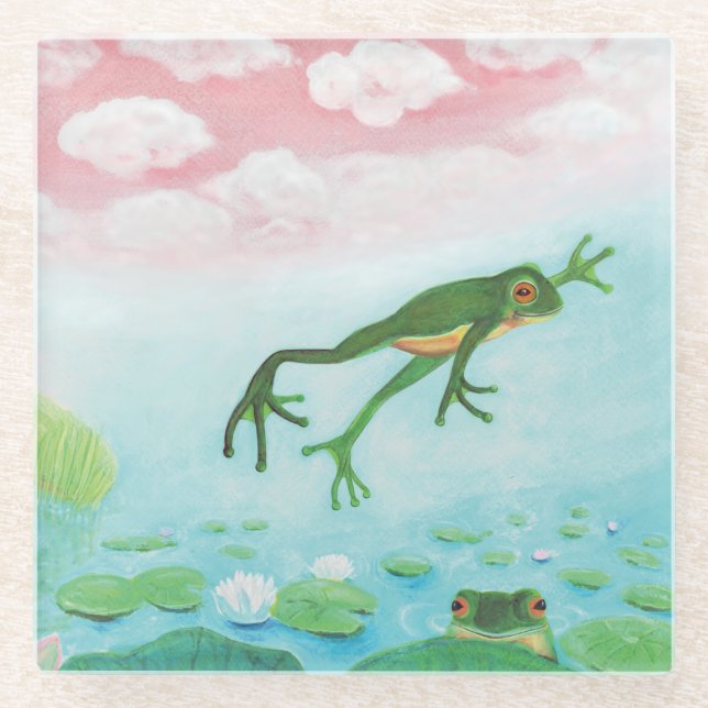 A Frog Jumps Into The Pond Illustration  Glass Coaster (Front)