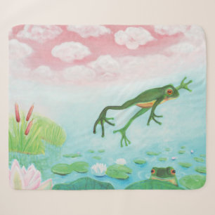 A Frog Jumps Into The Pond Illustration Sherpa Blanket