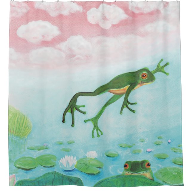 A Frog Jumps Into The Pond Illustration  Shower Curtain (Front)