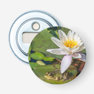 A frog under a flower of water lily bottle opener