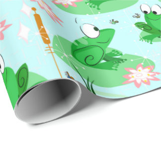 A froggy celebration - cheerful pastel pond scene wrapping paper