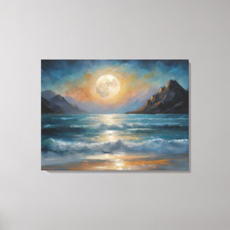 A full moon over the ocean with a mountain  canvas print