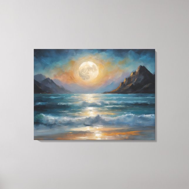 A full moon over the ocean with a mountain  canvas print (Front)