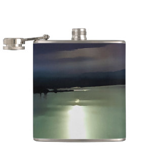 A Full Moon Reflecting On The Aegean Nautical Art Hip Flask