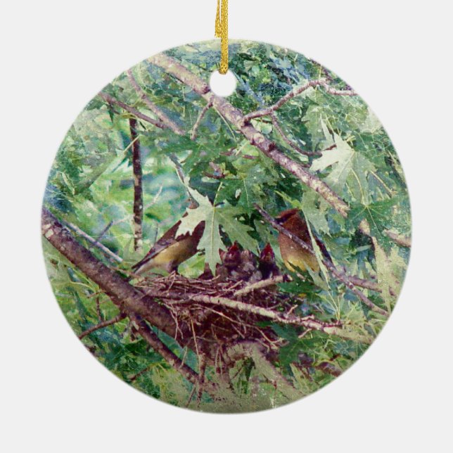 A Full Nest, Parents and Baby Birds Ceramic Tree Decoration (Back)