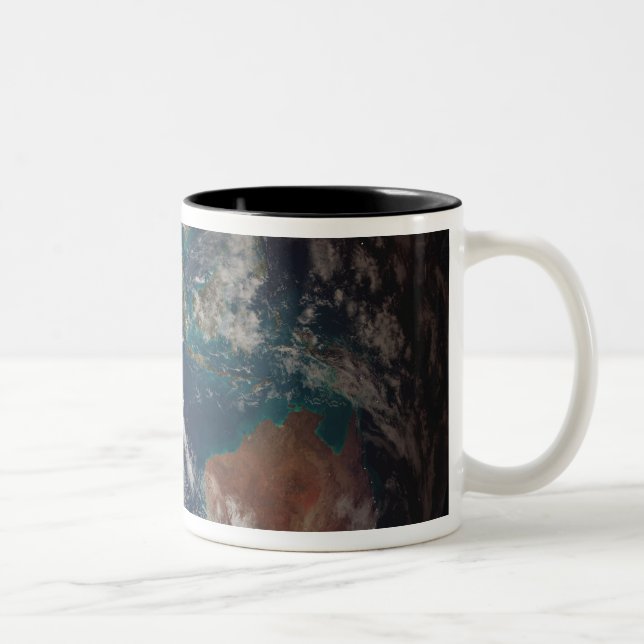 A full view of Earth showing global data Two-Tone Coffee Mug (Right)