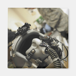 A fully assembled flight crew helmet magnet