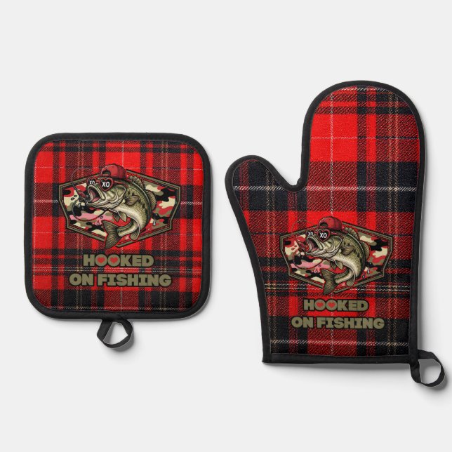 A fun and bold illustration of a cool bass oven mitt & pot holder set (Front)
