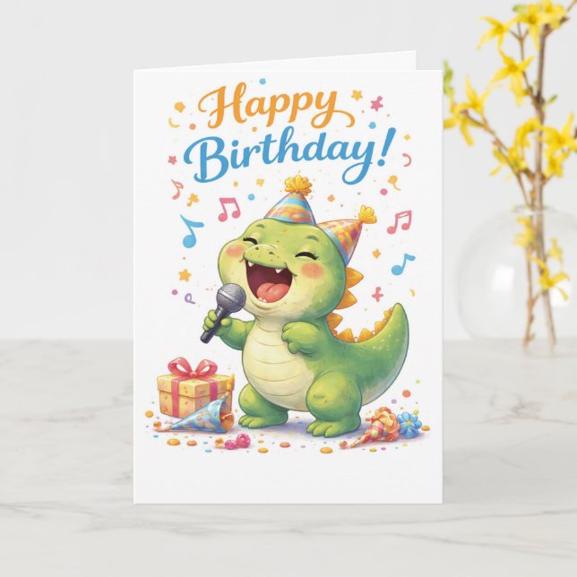 A fun dinosaur singing happy birthday card (Yellow Flower)