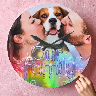 A Fun Rainbow Bubble Themed Add Your Own Picture Large Clock