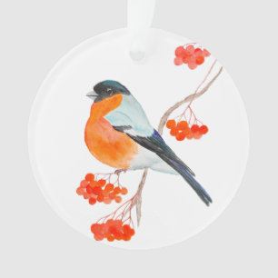 A funny bullfinch on a rowan tree branch ornament