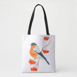 A funny bullfinch on a rowan tree branch tote bag