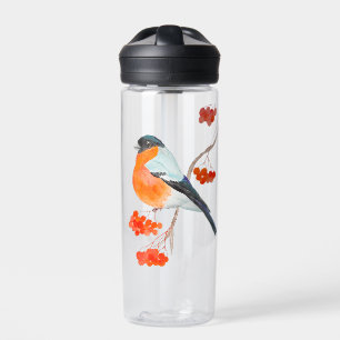 A funny bullfinch on a rowan tree branch water bottle