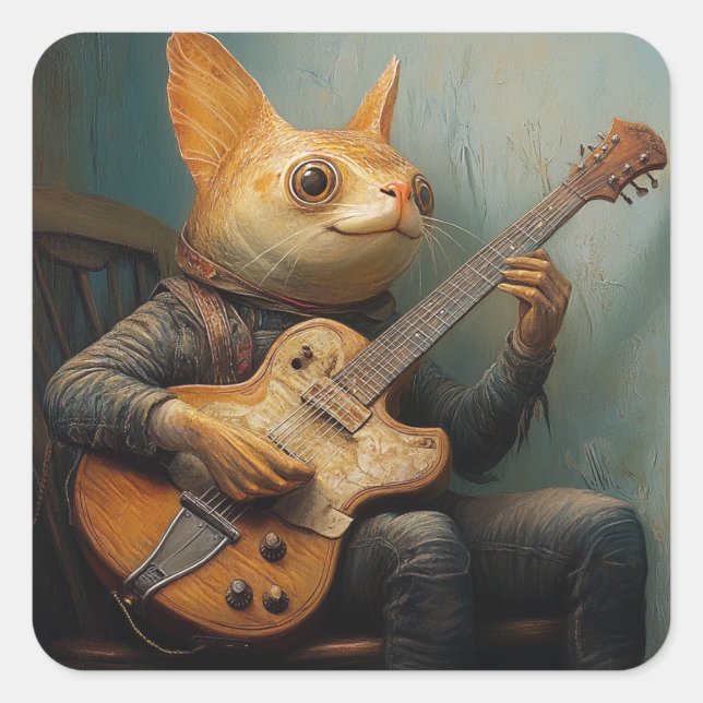 A funny catfish playing guitar fantasy  square sticker (Front)