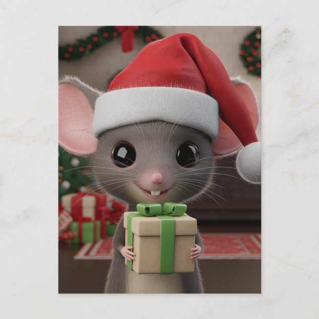 A Funny Christmas Santa Hat Mouse Postcard (Front)
