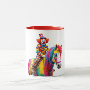 A funny clown riding a multicolored horse. mug