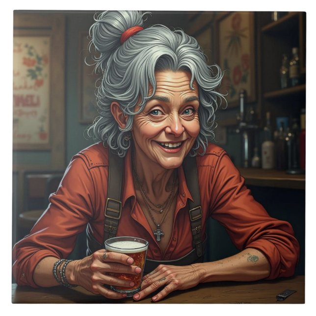 A Funny Comic Older Woman at Bar with Beer Tile (Front)