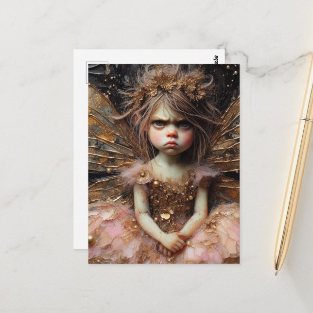 A funny grumpy fairy in pink postcard (Front/Back In Situ)