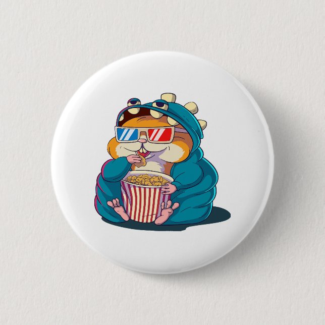 A funny hamster wearing glasses eats popcorn 6 cm round badge (Front)