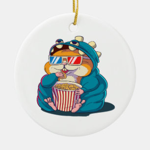 A funny hamster wearing glasses eats popcorn ceramic tree decoration