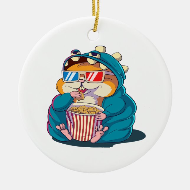 A funny hamster wearing glasses eats popcorn ceramic tree decoration (Front)