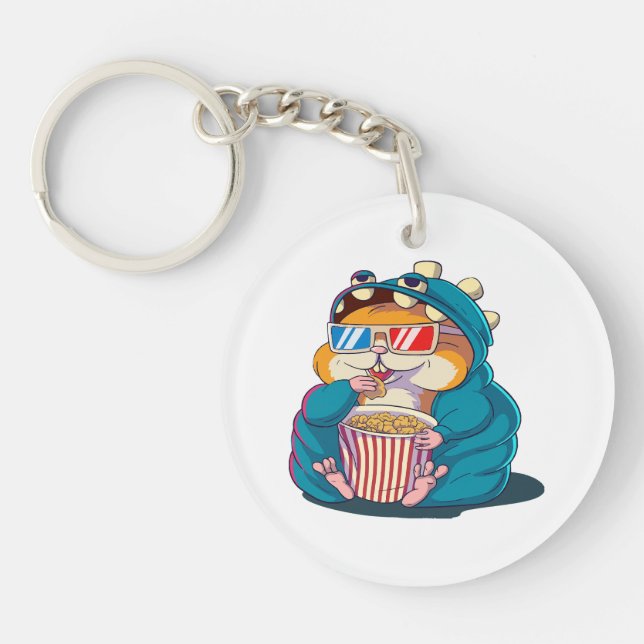 A funny hamster wearing glasses eats popcorn key ring (Front)