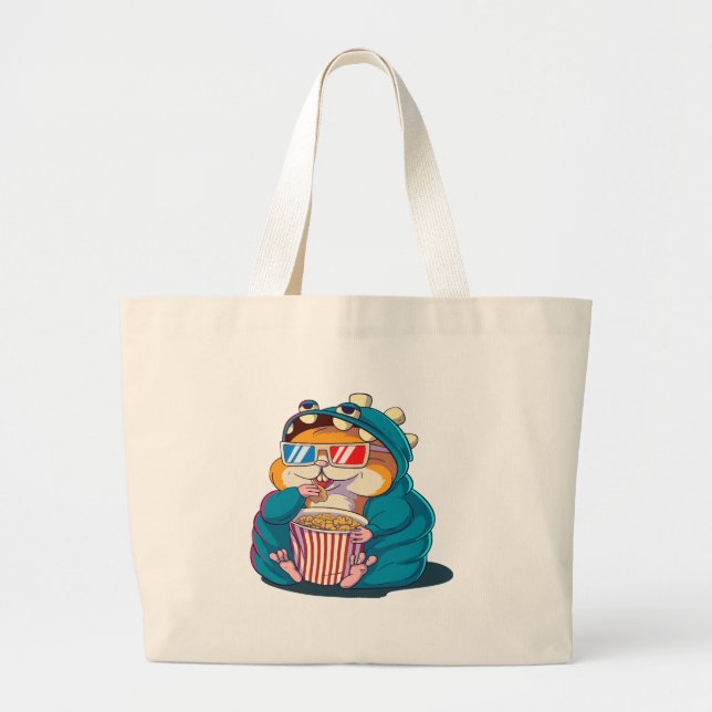 A funny hamster wearing glasses eats popcorn large tote bag (Front)