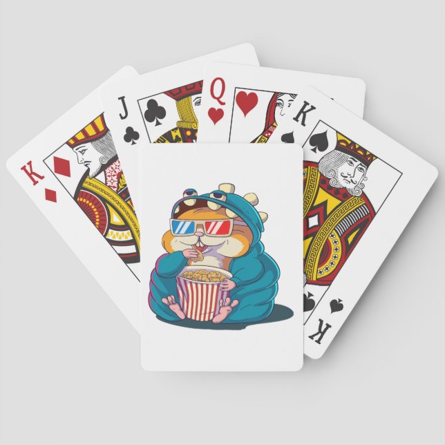 A funny hamster wearing glasses eats popcorn playing cards (Back)