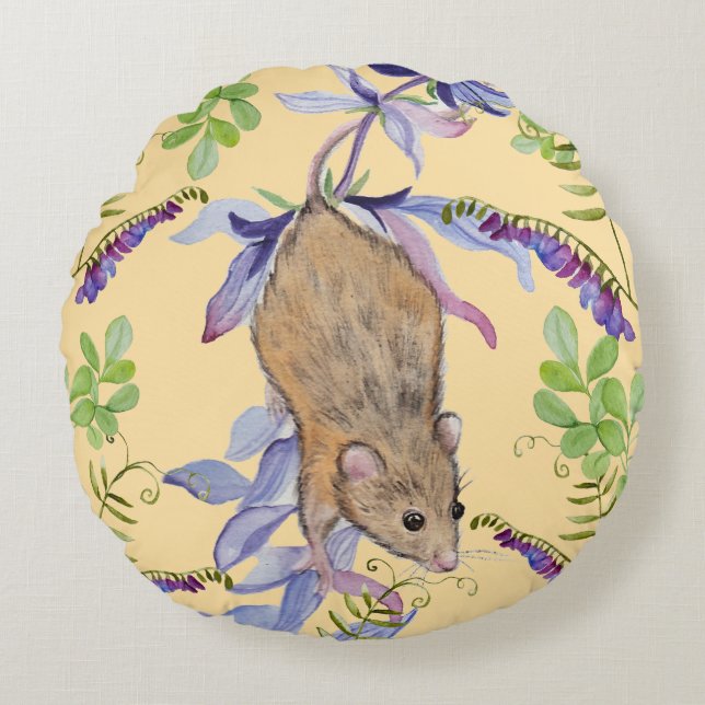 A funny mouse in a thicket of flowers. round cushion (Front)