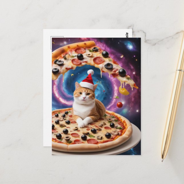 A Funny Santa Hat Christmas Pizza Cat Postcard (Front/Back In Situ)