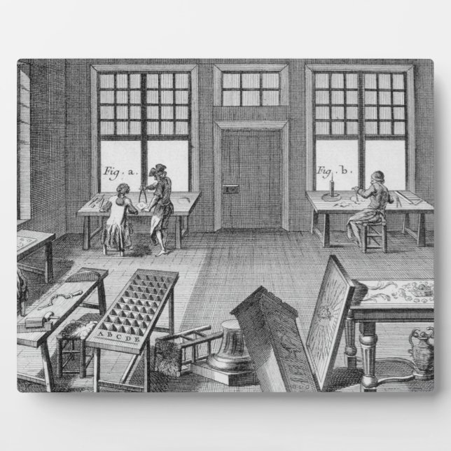 A furniture inlayer's workshop, from the 'Encyclop Plaque (Front)
