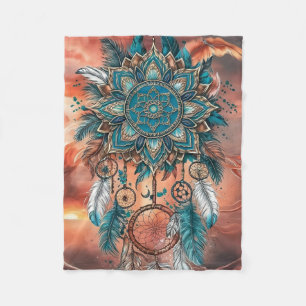 : A Fusion of Mandalas, Feathers, and Dreamcatcher Fleece Blanket