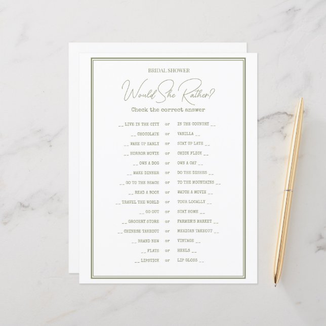 A GAME sheet of paper for a bridal shower. (Front/Back In Situ)