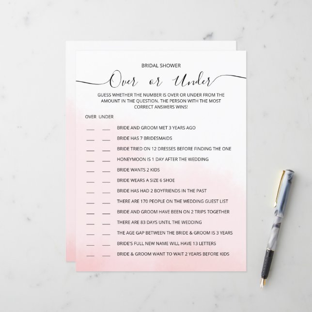 A GAME sheet of paper for a bridal shower. (Front/Back In Situ)
