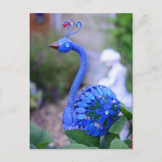 A garden peacock yard art teal and green postcard